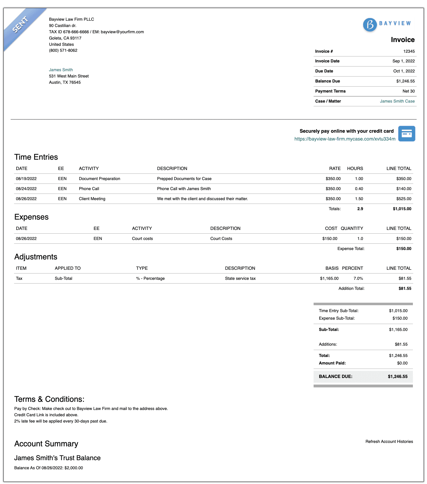 Generate invoices, like this sample attorney billing statement, in minutes with MyCase. Learn more on our website.